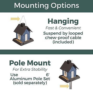 Blue Cottage Bird Feeder: 5lb Capacity, Easy Fill, Easy Clean, Hanging or Pole Mount