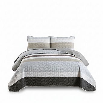 Brown Grey Patchwork Quilt Set Queen, 3 pc Microfiber Boho Farmhouse Coverlet