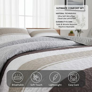 Brown Grey Patchwork Quilt Set Queen, 3pc Microfiber Boho Farmhouse Coverlet