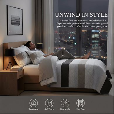 Brown Grey Patchwork Quilt Set Queen, 3pc Microfiber Boho Farmhouse Coverlet