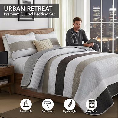 Brown Grey Patchwork Quilt Set Queen, 3pc Microfiber Boho Farmhouse Coverlet