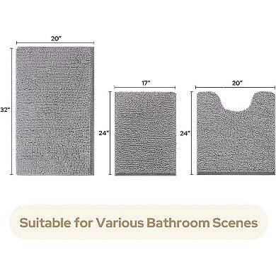3 Pieces Bathroom Rugs, Soft Thick Absorbent Chenille Bath Mats, Washable Non-Slip Floor Rugs