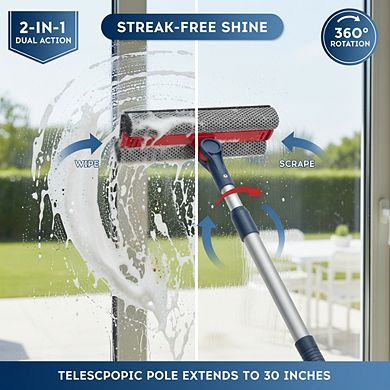 2-in-1 Window Squeegee with Telescopic Pole, Adjustable 20-30 Inch