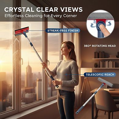 2-in-1 Window Squeegee with Telescopic Pole, Adjustable 20-30 Inch