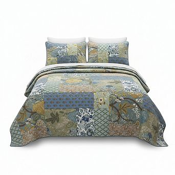 California King Oversized Cotton Quilt Set, Green Reversible Patchwork, 3 pc