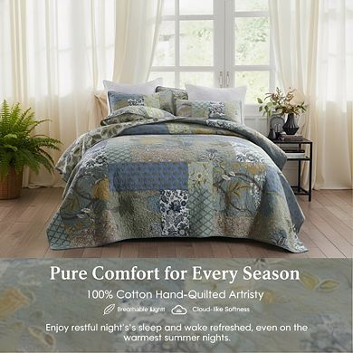 California King Oversized Cotton Quilt Set, Green Reversible Patchwork, 3pc