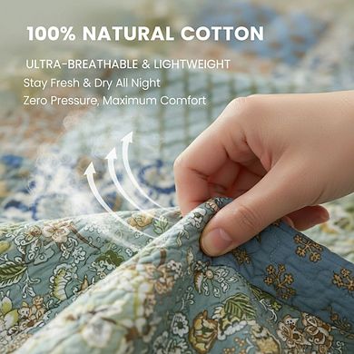 California King Oversized Cotton Quilt Set, Green Reversible Patchwork, 3pc