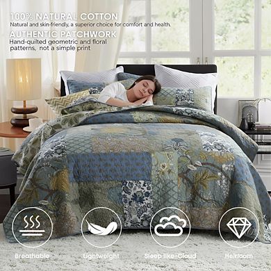 California King Oversized Cotton Quilt Set, Green Reversible Patchwork, 3pc