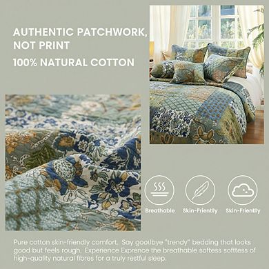 California King Oversized Cotton Quilt Set, Green Reversible Patchwork, 3pc