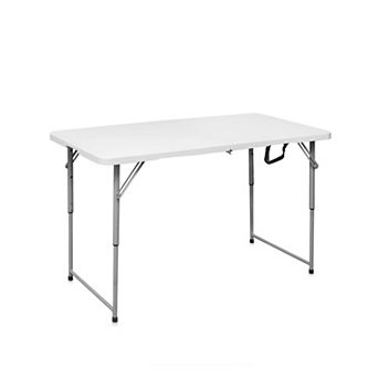 4 Ft Portable Folding Table, Heavy Duty Plastic, Adjustable Height, Outdoor/Indoor Use, White