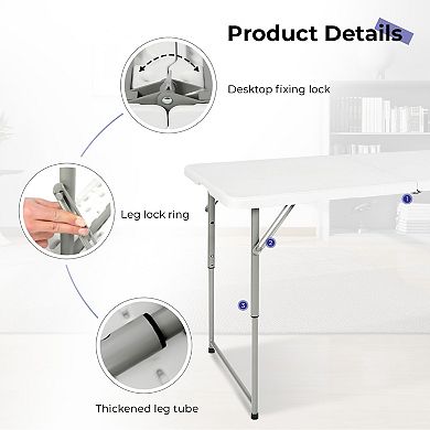 4 Ft Portable Folding Table, Heavy Duty Plastic, Adjustable Height, Outdoor/Indoor Use, White