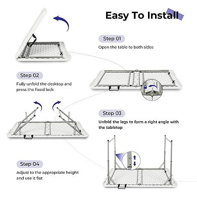 4 Ft Portable Folding Table, Heavy Duty Plastic, Adjustable Height, Outdoor/Indoor Use, White