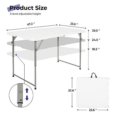 4 Ft Portable Folding Table, Heavy Duty Plastic, Adjustable Height, Outdoor/Indoor Use, White