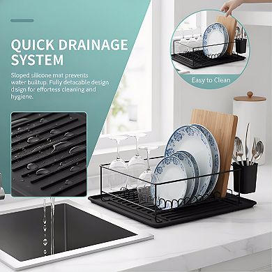 Compact Dish Drying Rack with Silicone Mat Space Saving Design