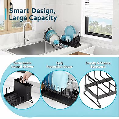 Compact Dish Drying Rack with Silicone Mat Space Saving Design