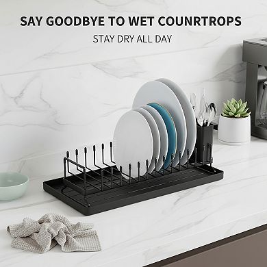 Compact Dish Drying Rack with Silicone Mat Space Saving Design