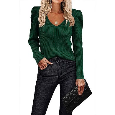 Zeagoo Womens Puff Long Sleeve Tops V Neck Pullover Sweaters Soft Slim Fit Solid Color Rib Knit Tops