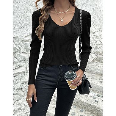 Zeagoo Womens Puff Long Sleeve Tops V Neck Pullover Sweaters Soft Slim Fit Solid Color Rib Knit Tops