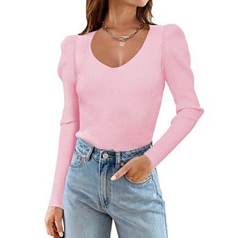 Zeagoo Womens Puff Long Sleeve Tops V Neck Pullover Sweaters Soft Slim Fit Solid Color Rib Knit Tops
