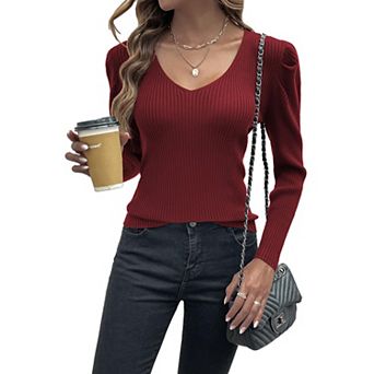 Zeagoo Womens Puff Long Sleeve Tops V Neck Pullover Sweaters Soft Slim Fit Solid Color Rib Knit Tops