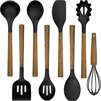 Great Ambitions 8 pc Silicone & Acacia Wood Utensil Set for Nonstick Cookware- Black