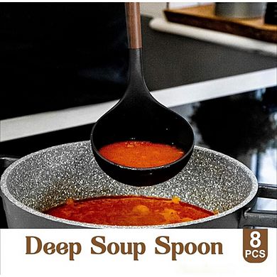 Great Ambitions 8-Pc Silicone & Acacia Wood Utensil Set for Nonstick Cookware- Black