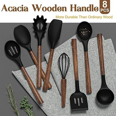 Great Ambitions 8-Pc Silicone & Acacia Wood Utensil Set for Nonstick Cookware- Black