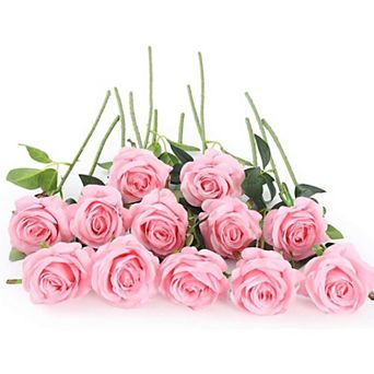 12 Pink Silk Roses Artificial, Long Stem Faux Flowers Bouquet for Wedding Home Decor