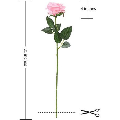 12 Pink Silk Roses Artificial, Long Stem Faux Flowers Bouquet for Wedding Home Decor