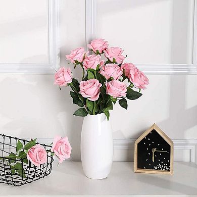 12 Pink Silk Roses Artificial, Long Stem Faux Flowers Bouquet for Wedding Home Decor