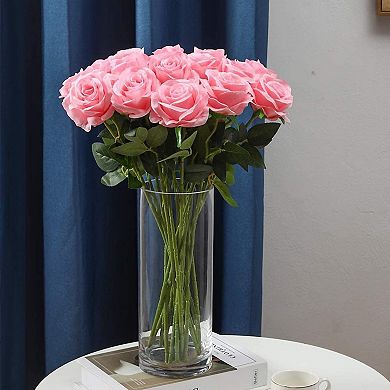 12 Pink Silk Roses Artificial, Long Stem Faux Flowers Bouquet for Wedding Home Decor