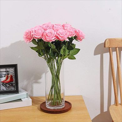 12 Pink Silk Roses Artificial, Long Stem Faux Flowers Bouquet for Wedding Home Decor
