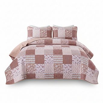 All Season Pink Floral Quilt, King 3 pc Reversible Patchwork Coverlet Set