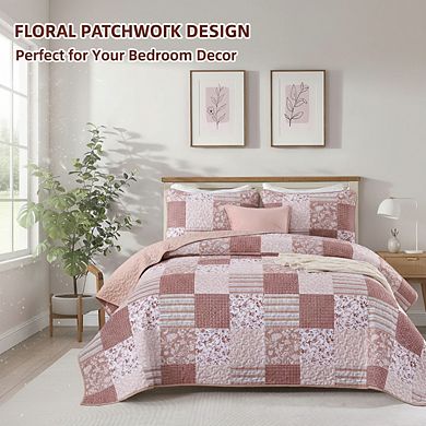 All Season Pink Floral Quilt, King 3pc Reversible Patchwork Coverlet Set