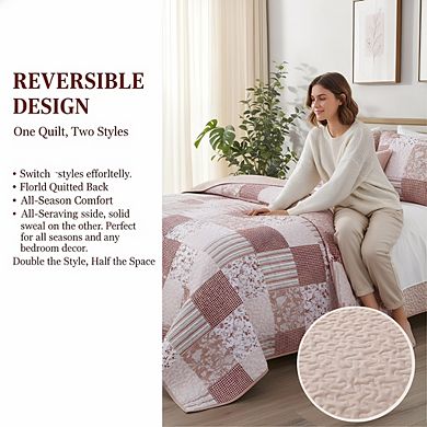 All Season Pink Floral Quilt, King 3pc Reversible Patchwork Coverlet Set
