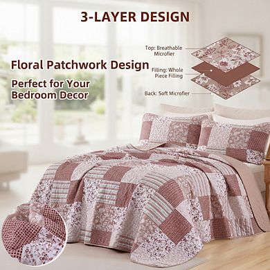 All Season Pink Floral Quilt, King 3pc Reversible Patchwork Coverlet Set