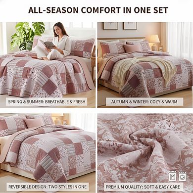 All Season Pink Floral Quilt, King 3pc Reversible Patchwork Coverlet Set
