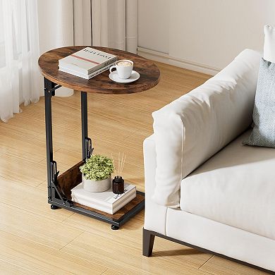 Compact Folding End Table with Metal Frame and Wood Top for Small Spaces