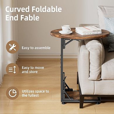 Compact Folding End Table with Metal Frame and Wood Top for Small Spaces