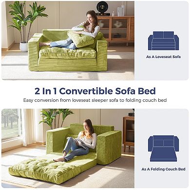Convertible 2-in-1 Sofa Bed with Pull-out Sleeper: Corded Fabric, Tufted Design, Multi-functional