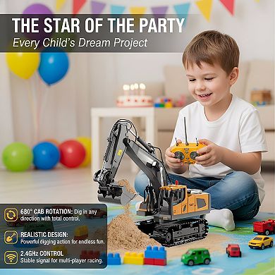 11CH RC Excavator Toy with Metal Shovel, Lights & 680° Rotation