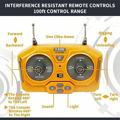 11CH RC Excavator Toy with Metal Shovel, Lights & 680° Rotation
