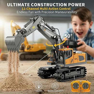 11CH RC Excavator Toy with Metal Shovel, Lights & 680° Rotation