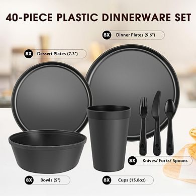 Great Ambitions 40-Piece Black Plastic Dinnerware Set, Unbreakable, Dishwasher & Microwave Safe