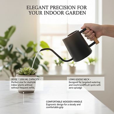 Stainless Steel Watering Can 35oz, Long Spout for Indoor Plants Bonsai Black