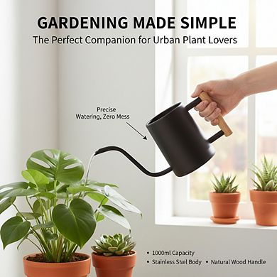 Stainless Steel Watering Can 35oz, Long Spout for Indoor Plants Bonsai Black
