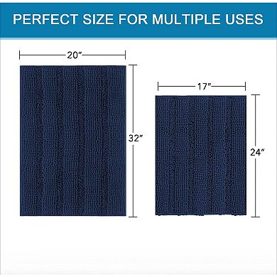Navy Blue Bathroom Rugs 2 Piece, Bath Mat Set Slip Resistant Extra Absorbent Soft 20" x 32"/17" x 24