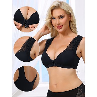 Women's Lace Front Closure Push Up Wirefree Bras with Nonadjustable Straps
