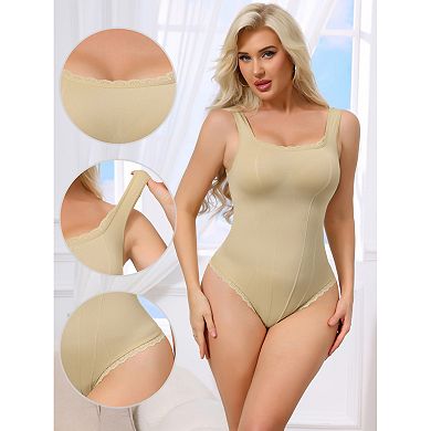 Women's Lace Trim Bodysuits Square Neck Tummy Control Tank Tops Leotard Ribbed Thong Bodyshaper