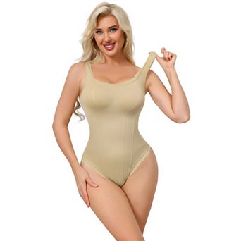 Women's Lace Trim Bodysuits Square Neck Tummy Control Tank Tops Leotard Ribbed Thong Bodyshaper